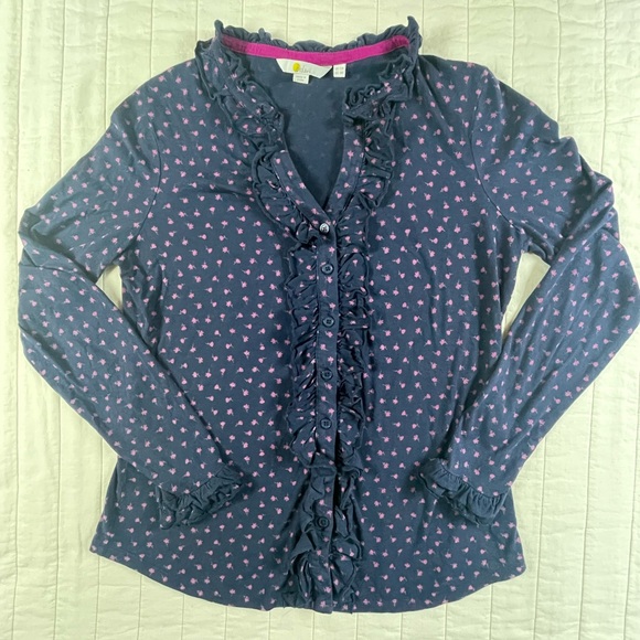 Boden Tops - Boden Navy Button Down Shirt with Pink Flower Pattern and Ruffle Accents 12
